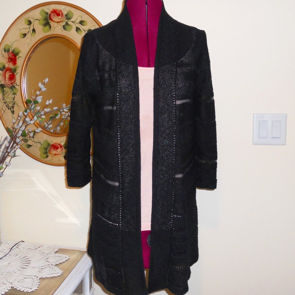Coldwater Creek M 10-12 Black L/S Open Front Cardigan/Duster Mixed Media